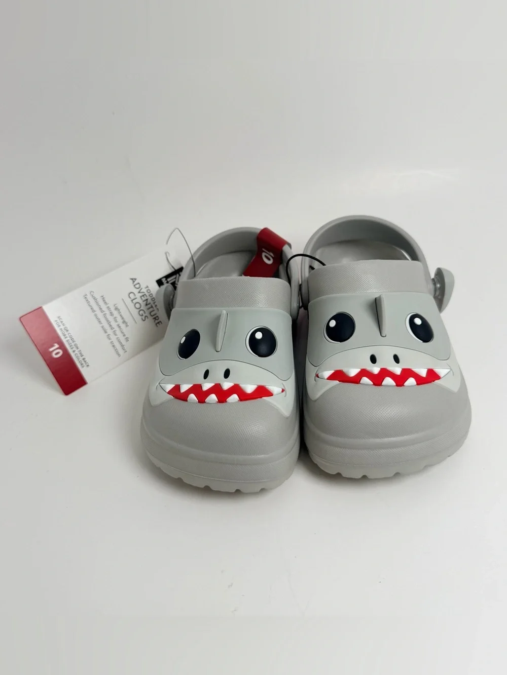 Kids Shark Clog Sandals in Light Gray with Red Accent